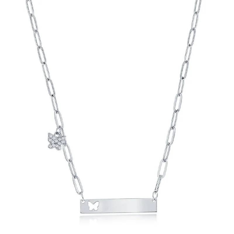 SS Bar with CZ Butterfly Paperclip Necklace