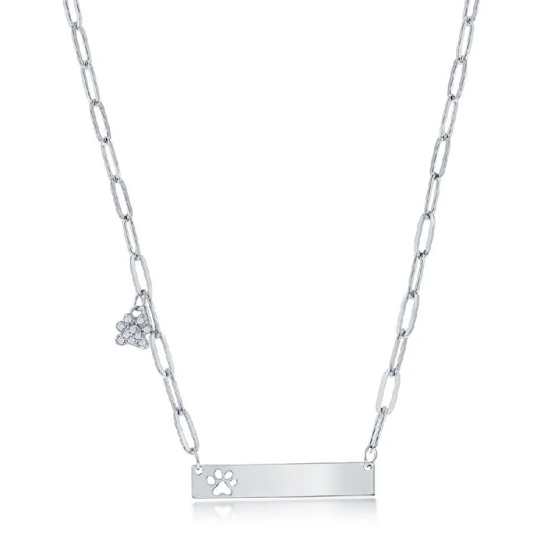 SS Bar with CZ Paw Print Paperclip Necklace