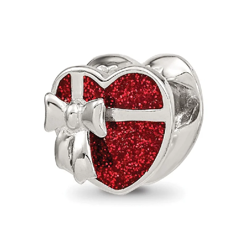 Sterling Silver & Red Glitter Enamel Ribbon Wrapped Heart Bead Charm