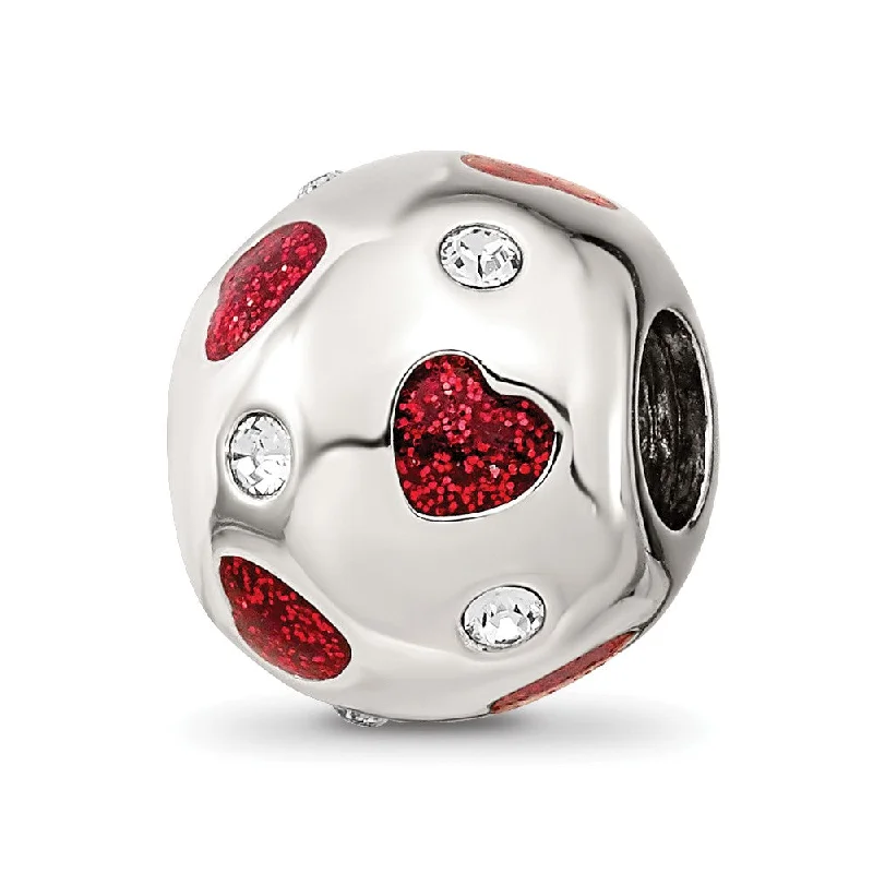 Sterling Silver Red Glitter Enamel & Crystals Hearts Bead Charm