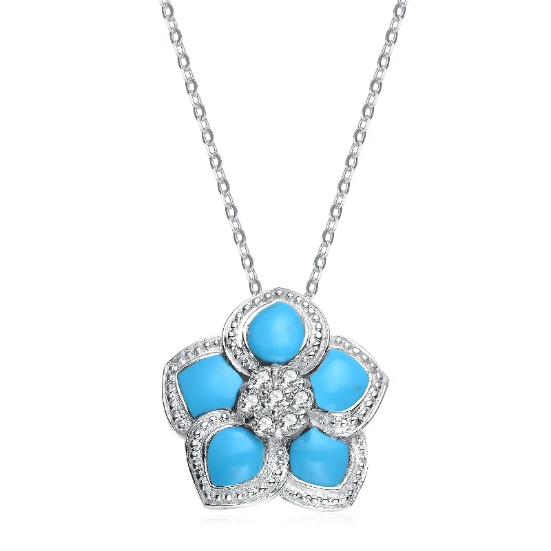 Sterling Silver White Cubic Zirconia Light Blue Flower Pendant