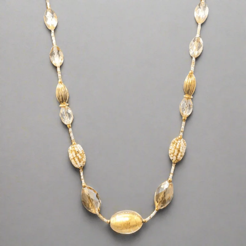 YGP Stainless White and Gold Murano Glass Marquise Beaded Necklace