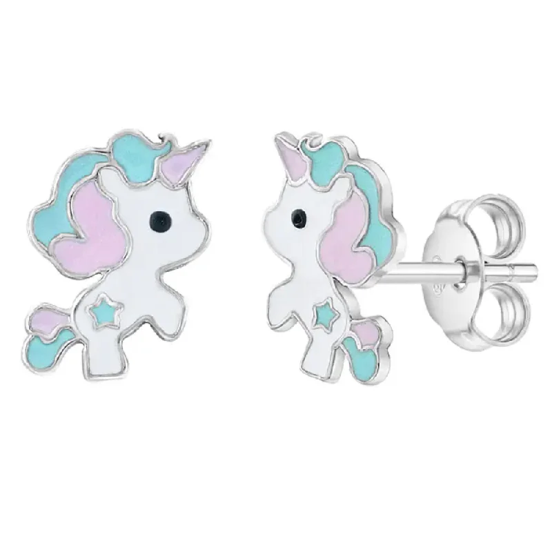 Children's Sterling Silver & Pastel Enamel Unicorn Stud Earrings