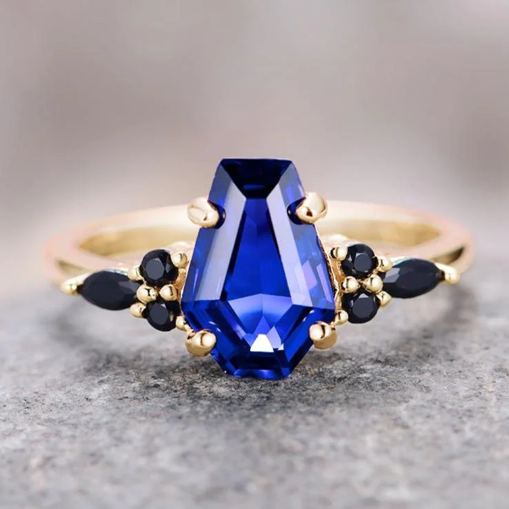 Coffin Cut Blue Sapphire & Black Onyx Ring- 14K Yellow Gold Vermeil