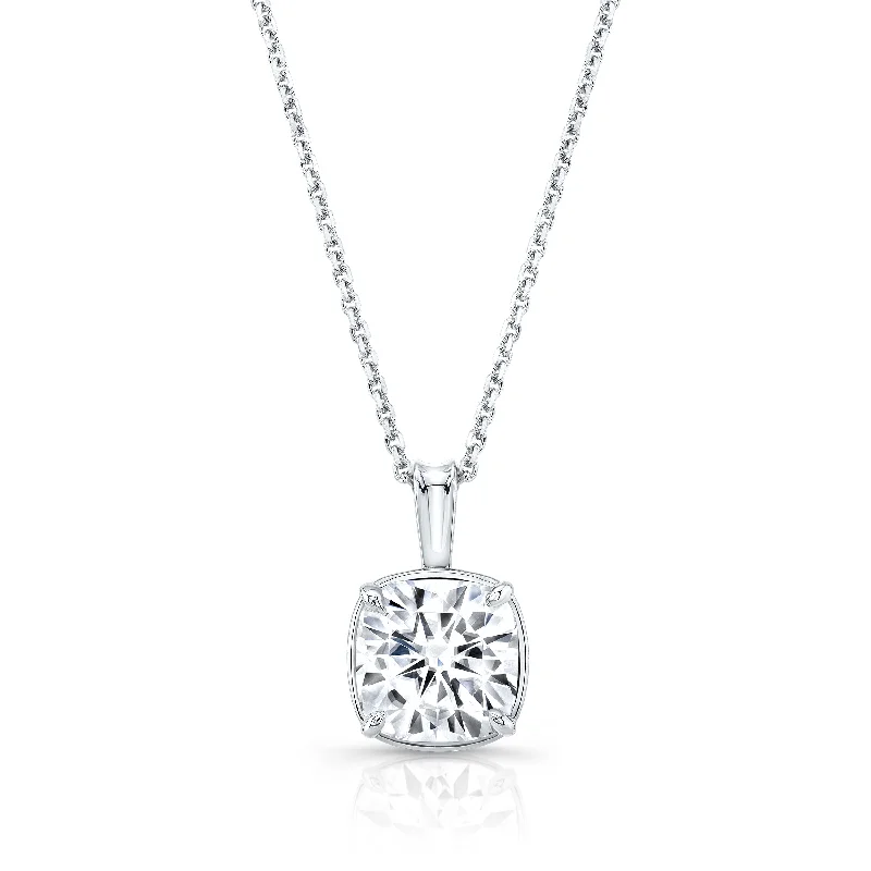 Cushion Diamond Solitaire Pendant In A 14k White Gold 4-prong Leaf Scroll Setting, 3ct. T.w. (hi, Si1-si2)