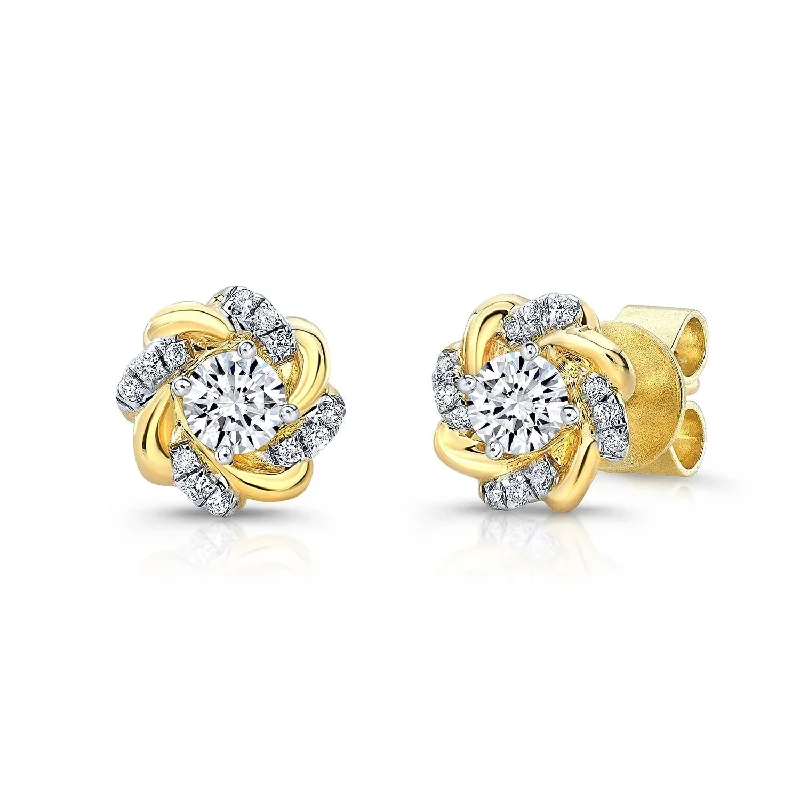 Diamond Floral Swirl High-polish Accent Earrings With Round Centers In 14k Yellow Gold