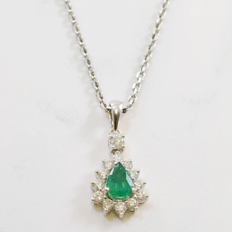 Pear Cut Emerald Halo Necklace | 0.40ctw, 0.75ct | 17" |