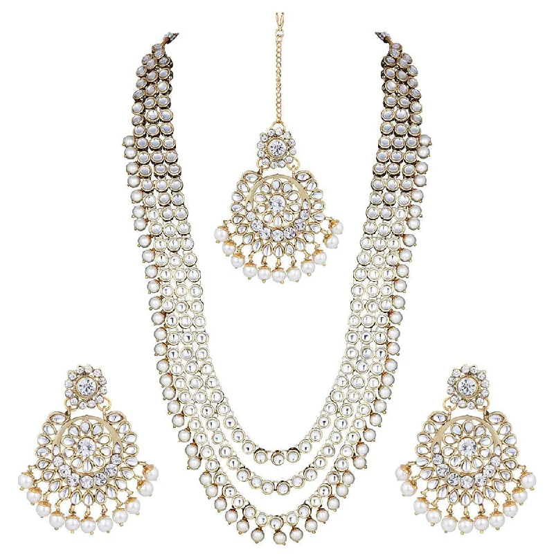 Etnico 18K Gold Plated Traditional Kundan & Pearl Studed Bridal Jewellery Set For Women (IJ348W)