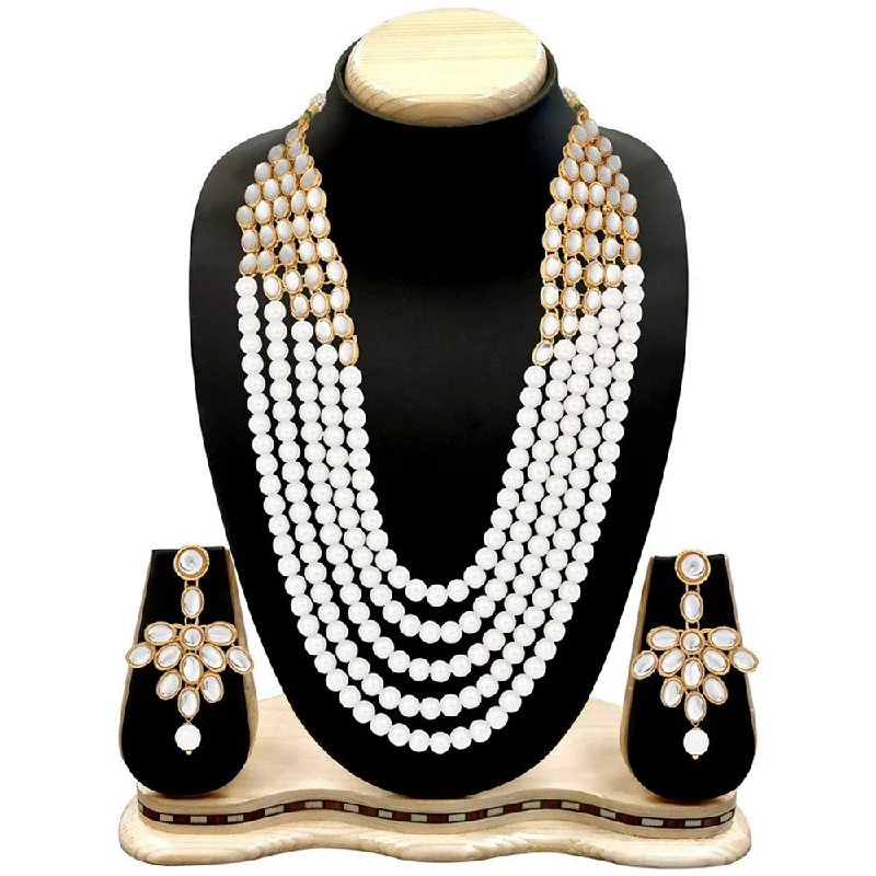 Etnico Wedding Collection 5 Layer Faux Mother-of-pearl and Kundan Rani Haar Necklace Jewellery Set with Earrings for Women (IJ350W)