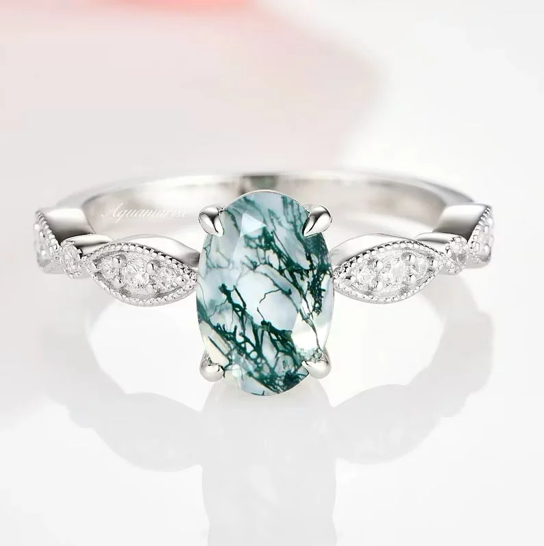 Kylie Art Deco Green Moss Agate Ring- Sterling Silver