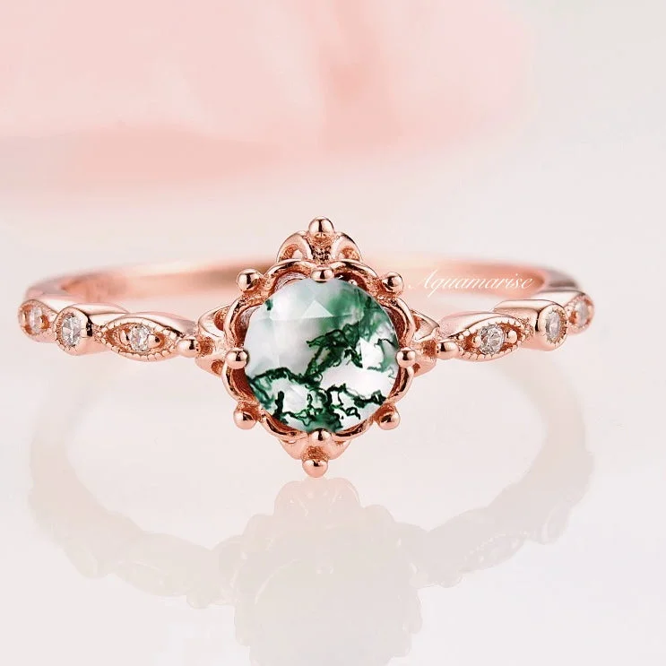 Natural Green Moss Agate Fairytale Engagement Ring- 14K Rose Gold Vermeil