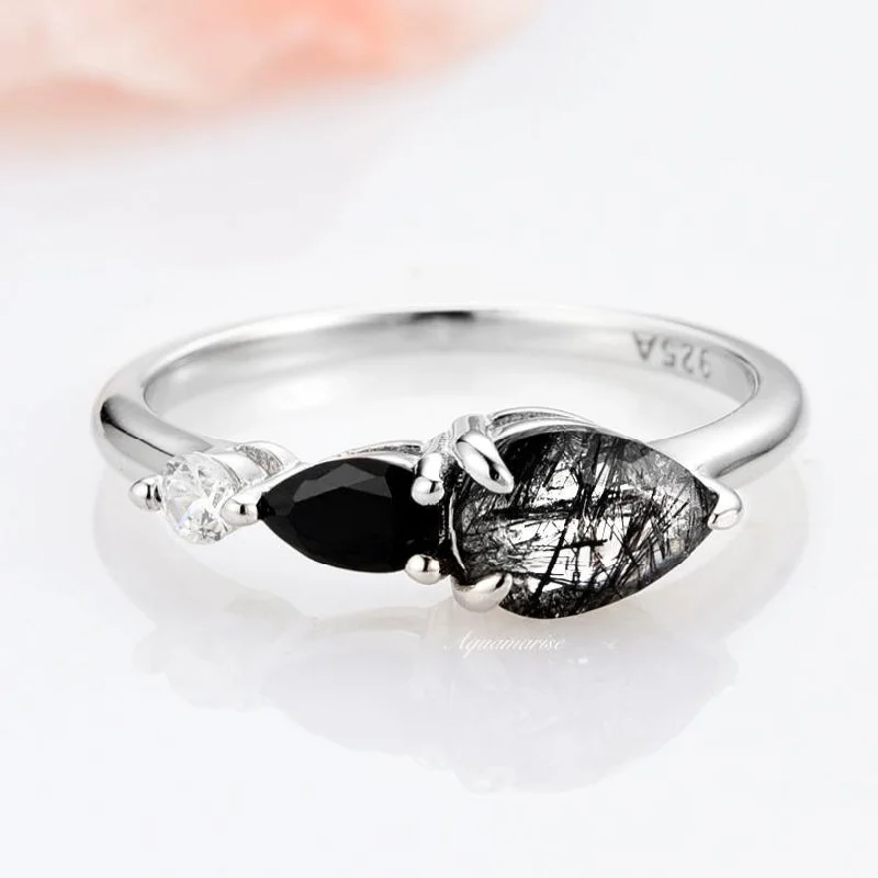 Natural Rutilated Quartz & Black Onyx Ring For Women- Sterling Silver