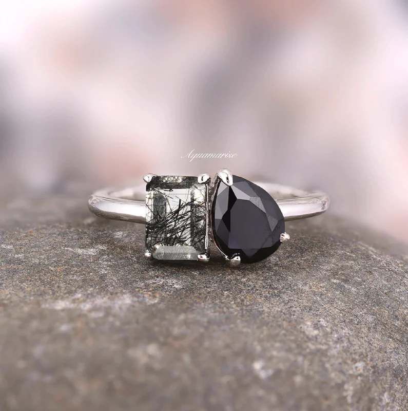 'Toi Et Moi' Rutilated Quartz & Black Onyx Ring- 925 Sterling Silver