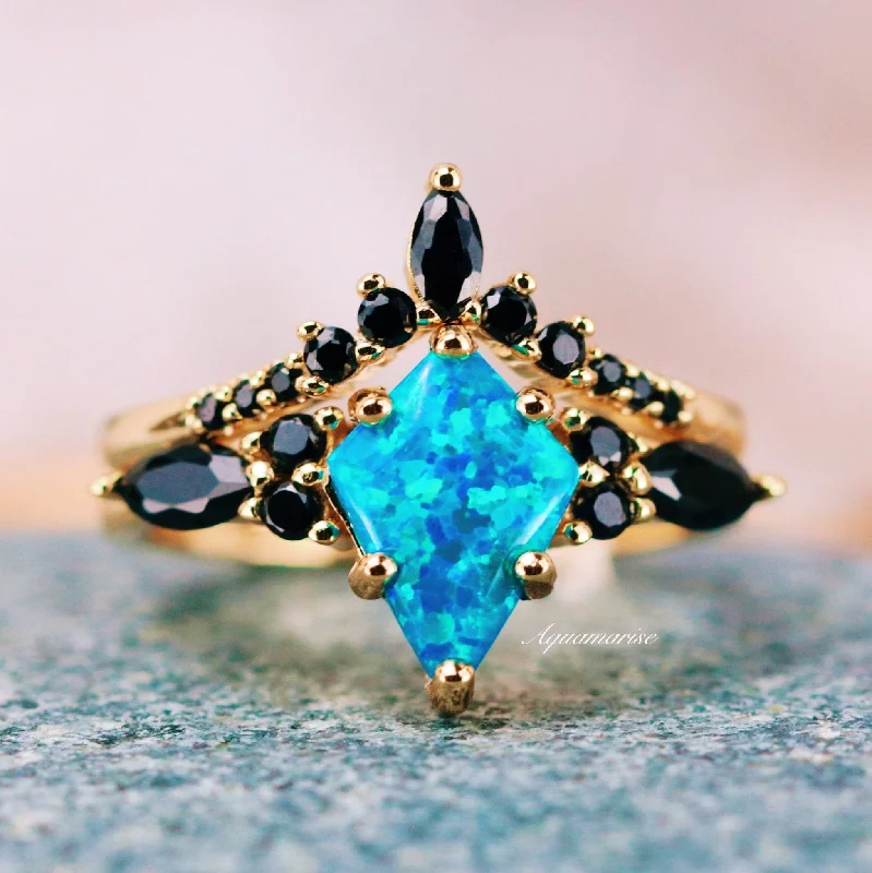 Skye Kite™  Blue Fire Opal & Black Onyx Ring Set- 14K Yellow Gold Vermeil