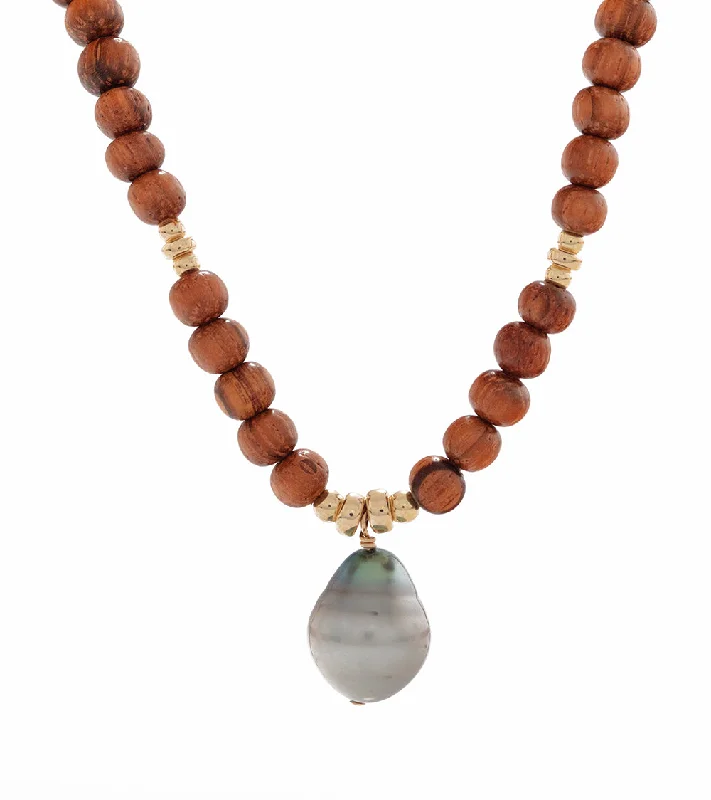 Tahitian Pearl Koa Bead Necklace 18"