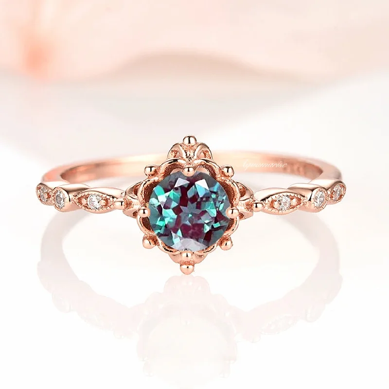 Vintage Alexandrite Fairytale Ring- 14K Rose Gold Vermeil